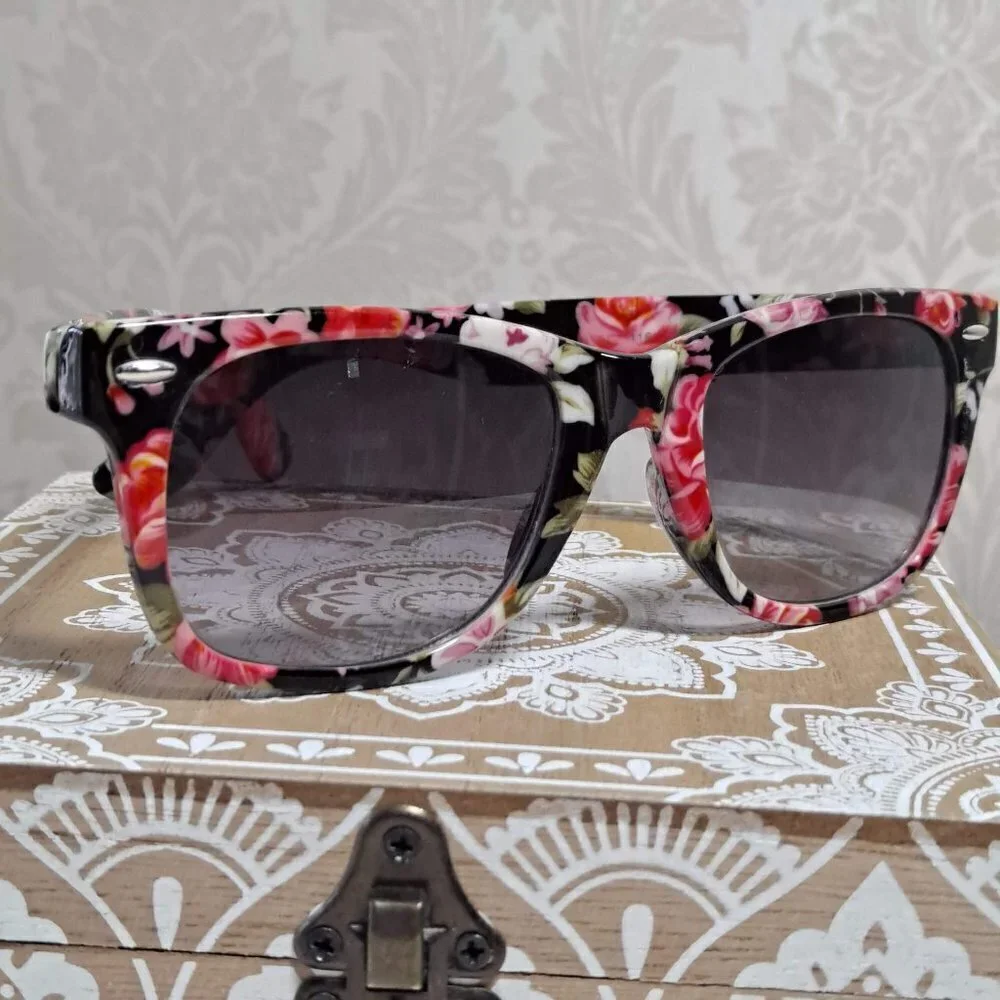 Floral Sunglasses Pink Roses on Black Background, Tinted Lenses